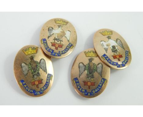 A pair of 9ct gold and enamel double oval link cufflinks, bearing the crest and motto of the Royal Irish Regiment, 6.4g.