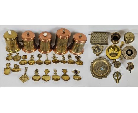 Large quantity of brass items including a Lipton British Empire Exhibition tea caddy and a desk compass plus a collection tea