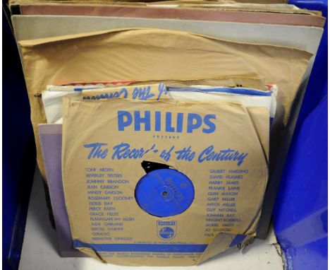 Collection of vintage 78rpm records including 'The Deadwood Stage' by Doris Day, 'The Bells Of Saint Marys' by Bing Crosby, '