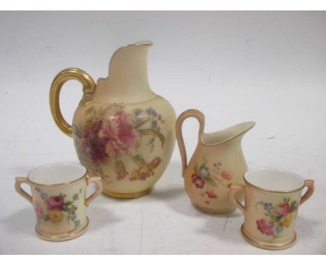 Items of Royal Worcester blush ivory miniature porcelain to include a two two-handled loving cups a a jug, a flat sided jug, 