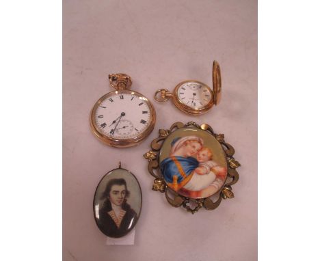 A 19th century portrait miniature of a gentleman together with another of the holy family on mother-of-pearl together with tw