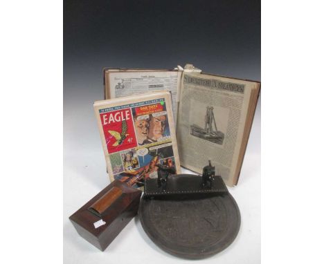 Six Eagel (Dan Dare) comics, a bound Scientific journal volume 1867-68, 2 Victorian glass rummers, painted tin tray, tea cadd