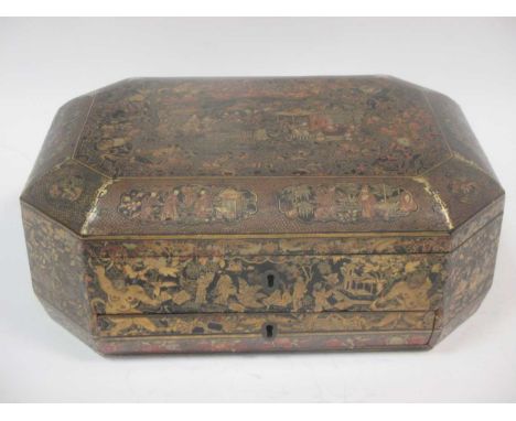 A 19th century Cantonese chinoiserie decorated sewing box and Edwardian mantle clock