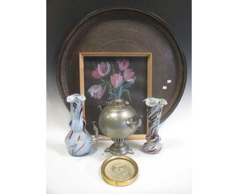 A Russian samovar, two marbled glass Italian style vases, a large metal tray, a modern floral picture and a small framed port
