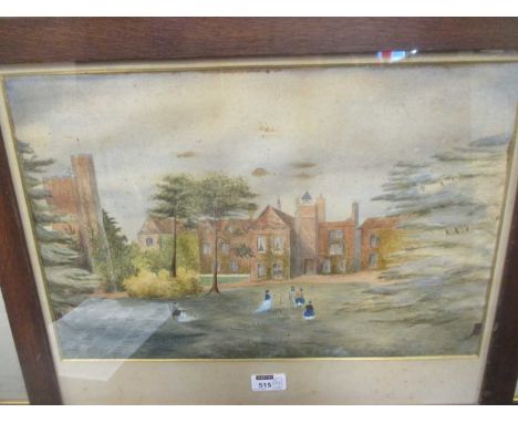 A 19th century watercolour figures playing croquet on the lawn of a house, various pictures and prints