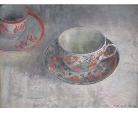Cups and Saucers, signed lower right 'Richard Sorrell', oil on board, 22.5 x 28cm