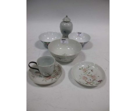 An 18th century Chinese tea caddy and cover, a bowl, two saucers and a coffee can with a metal handle; two Chinese rice bowls
