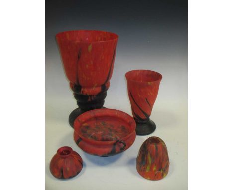 A large mottled red glass vase, a similar smaller vase, a twin-handled bowl, a small vase and a lamp shade (5)