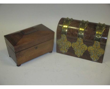 A Victorian walnut and brass bound correspondence box and a George III two-compartment sarcophagus shaped tea caddy