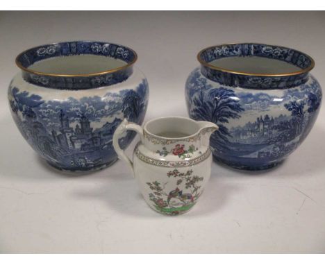 A pair of blue and white jardinières with printed mark Cauldon England to base together with a Copeland Spode jug decorated w