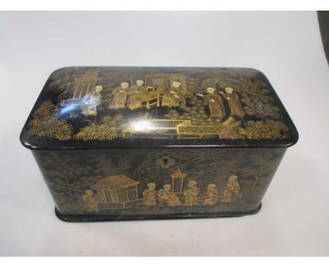 A 19th century lacquered two-compartment tea caddy, decorated with figures in a garden