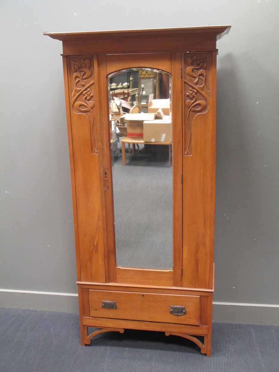 An Art Nouveau period satin walnut wardrobe 203 x 84 x 40cm in