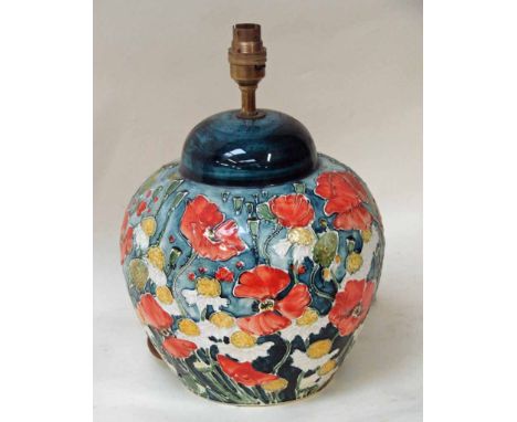 A late 20th century studio pottery Table Lamp base of ginger jar form, by Jonathan Cox, tube-lined with poppies and other flo