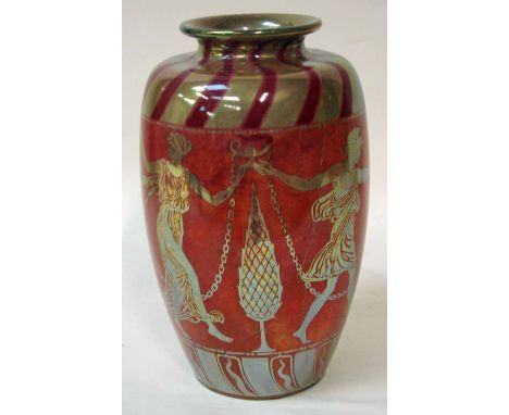 A Pilkington Royal Lancastrian Vase designed by Walter Crane and painted by Richard Joyce in gold lustre on a terracotta grou