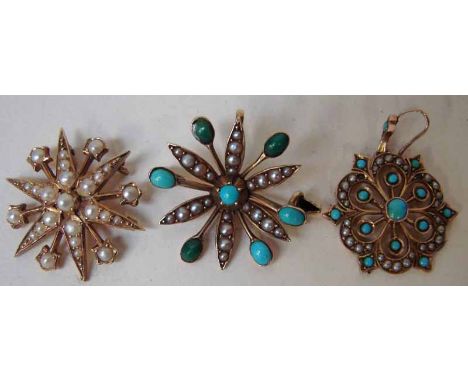 A 15ct gold Pin Brooch of flower head form turquoise set centre radiating leaves set with split seed pearls and stamens set w