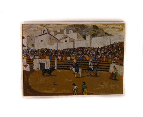 Gil Carrasco, oil on canvas, depicting a continental bull fight, in crowded arena, signed to bottom right, approx 65cm by 92c