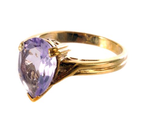 A 9ct gold amethyst dress ring, the pear cut amethyst in claw mount, on 9ct gold band, size M1/2, approx 3.4g