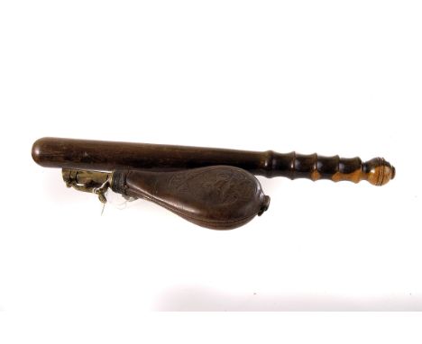 A 19th century leather Hawksley Sheffield powder flask, having horse rider design to front, together with a vintage truncheon