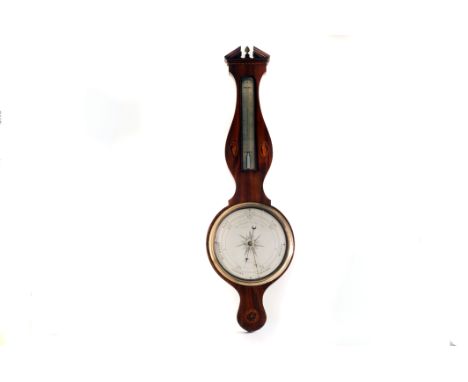 A William IV/ mod 19th century mahogany and inlaid banjo barometer, with architectural broken pediment above a thermometer an