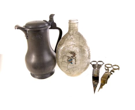 A collection of 18th, 19th and 20th century metal ware and other items, including a pewter coffee pot, a pewter hunting tanka