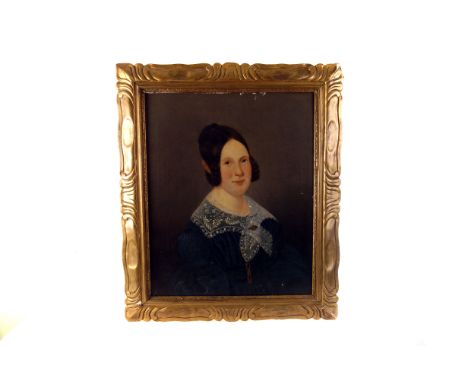 A 19th century oil on canvas portrait of a woman, the young woman with hair in plaits, wearing elegant blue dress with lace b