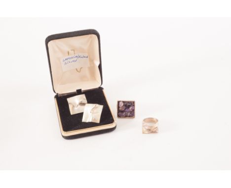 A pair of Lapponia silver earrings, together with two silver rings, one set with amethyst stones (4)