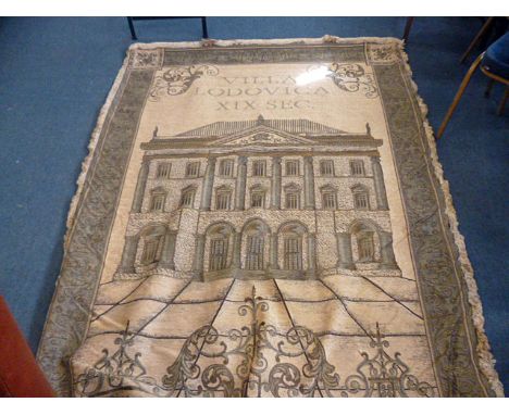 A large tapestry wall hanging, with image of a large manor house to centre, within swag design border, with inscription 'Vill