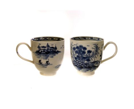 A pair of Caughley blue and white tea cups, each with an oriental style landscape design, marked to base (2)