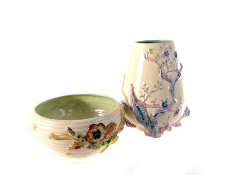 A Clarice Cliff ceramic vase, having raise floral branch design, together with a Clarice Cliff bowl with raised floral design