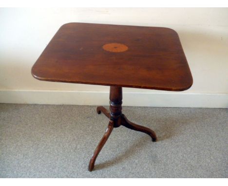 A William IV mahogany tripod tilt top occasional table, rectangular top with central inlaid medallion, on turned support, wit