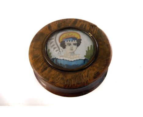 A Georgian/Mid- 19th century snuff box, with painted bust of lady to top and having horn inner (1)