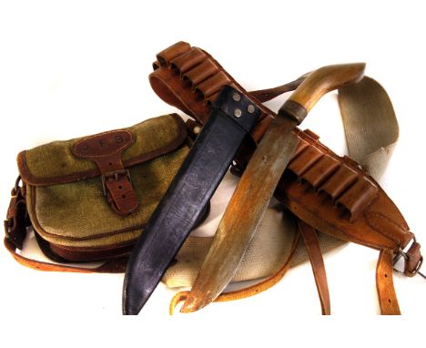 A green canvas shooting bag, together with a leather cartridge belt, a small machete and another item (4)