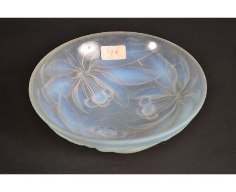 A vintage G Vallon French Art Deco opalescent glass bowl decorated with cherries, impressed G Vallon France.