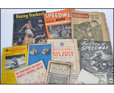 A collection of vintage Speedway related ephemera and sporting magazines. To include 1949 Abridge Grass Track, Skinners Farm 