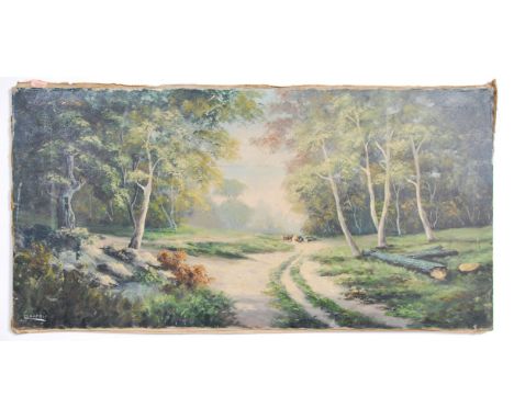 An early 20th century unframed oil on canvas painting by Jules Claverie of a lone female collecting wood in the middle of a f