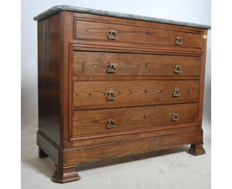 A 19th century French country and black/grey veined marble commode secretaire chest of drawers being raised on bracket feet s