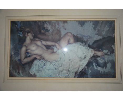 After Russell Flint. A signed watercolour print being signed by the artist of a recumbant nude entitled ' Reclining Nude I ' 