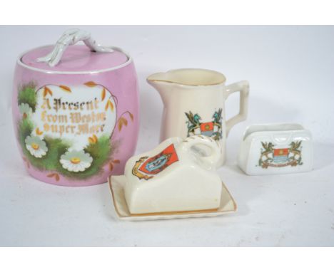 Somerset&nbsp; souvenir ware (4). Vintage crested miniature Weston Super Mare jug &amp; handbag plus Yeovil cheese dish. Also