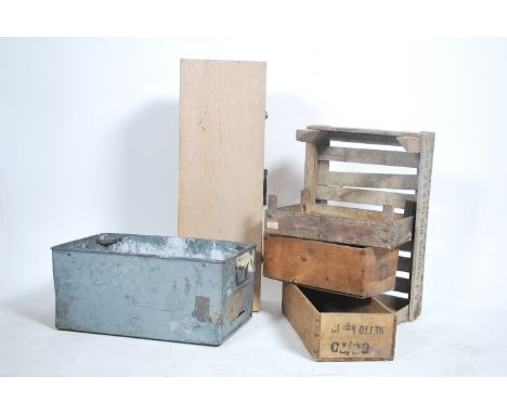 A vintage Industrial wooden country pine trug together with a metal tole tray with gallery sides and other cases etc &nbsp;( 