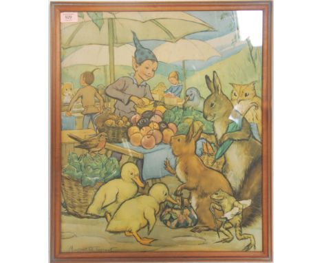 A retro mid 20th century print of pixies and fairies being framed and glazed in the manor of Brownie Downing.&nbsp;Measures 5