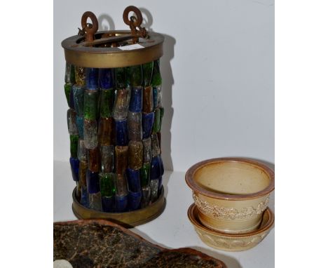 An Arts and Crafts style light shade comprising of glass beads; a saltglazed miniature plant pot and dish