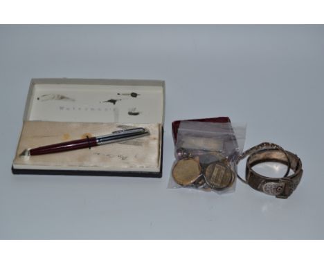 A Waterman's fountain pen, boxed; a Ronson Standard lighter, boxed; a late Victorian hinged silver bangle, marks rubbed; silv