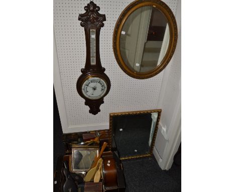 Household Goods - an oak carved banjo barometer, a 1930,s oak mantel clock, mirrors, ebony and silver mounted dressing table 