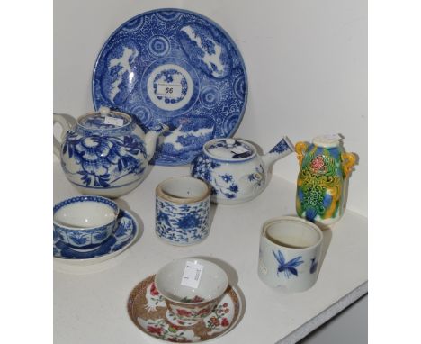 Oriental Ceramics - an under glazed blue teapot; another; tea bowls and saucers; etc, qty