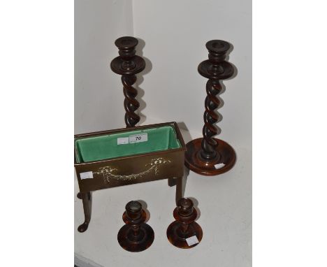 Boxes and Objects - a pair of bakelite candlesticks; a pair of 1930s barley twist candlesticks; a brass table top planter, ma