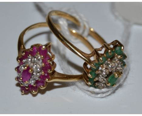 A ruby coloured stone and clear stone chip navette shaped cluster ring, yellow metal shank;  another,a 9ct gold ring set with