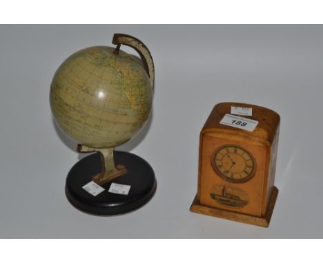 Globe by Chadd Valley Co. Ltd Number: 10152, 19cm high; a  Mauchline ware money box formed as a clock with print of the churc