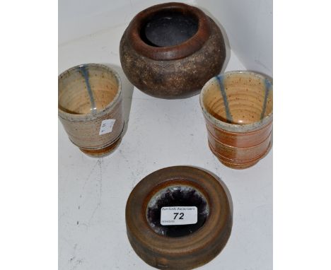 Studio Pottery - a Richard Dewar tapering cylindrical beaker; another;  a Colin Pearson ashtray;  a Dublin vase (4)