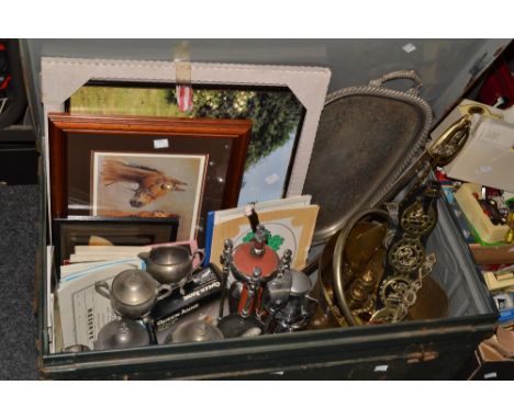 A silver-plated tea service, similar tray; horse brasses; copper; maps; metalware; qty, contained in a metal travelling trunk