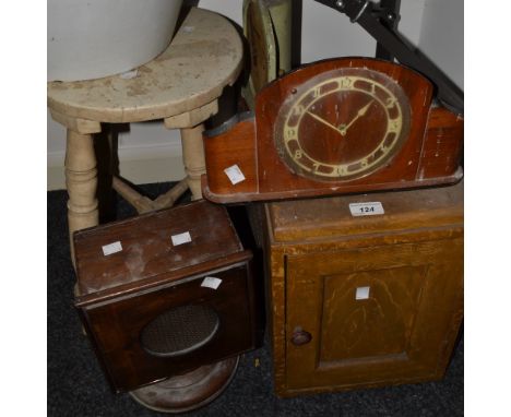 Household Items - an early 20th century pine stool, painted white, X-stretcher; a late 1930/early 1940s hanging cupboard, sha